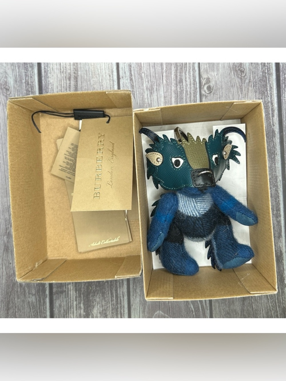 NWT BURBERRY Thomas Bear Bull Cashmere & Leather Bag Charm Carabiner Blue